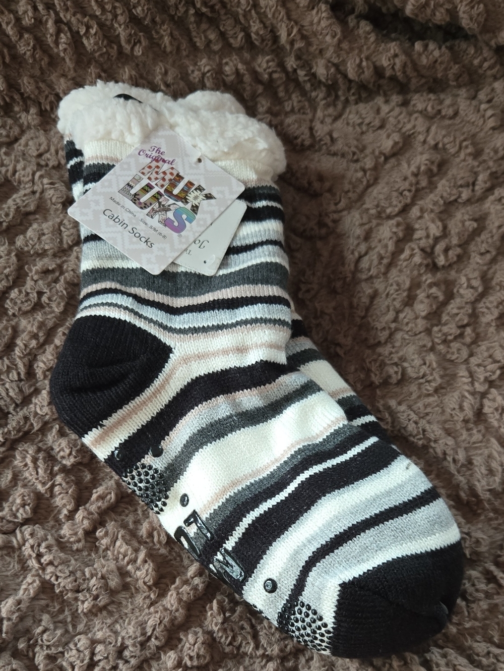 Muk Luks Women's Striped Cabin Socks in Black, Gray & White